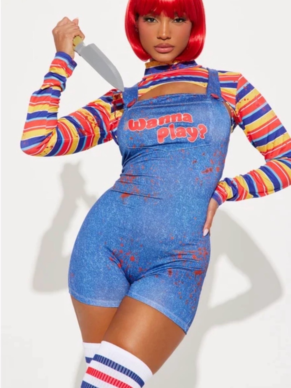 Fashion Nova Wanna Play Bloody Evil Doll Overall Body Suit Costume Sz M/L